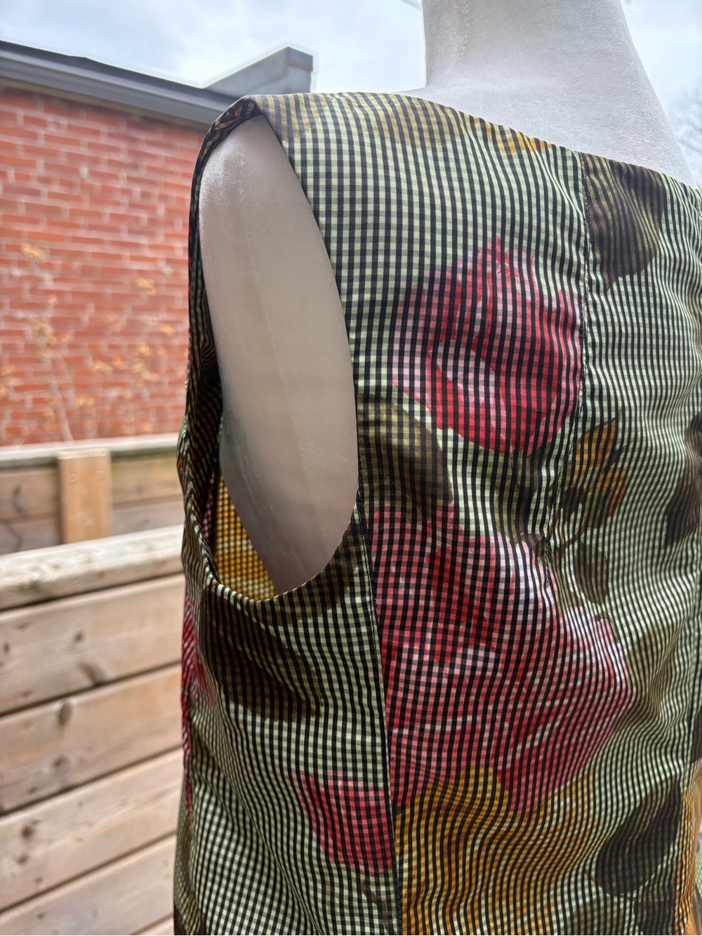 Comrags | Sleeveless Midi Dress in Olive Gingham with Floral Print